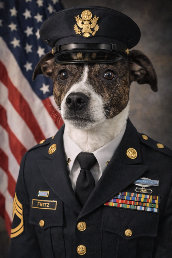 Fritz, Director of Security at 3 Dogs Woodworking, dressed in uniform and looking serious in Sarge mode