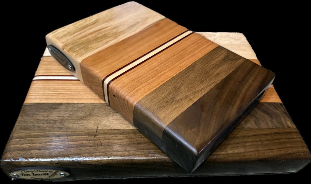 Set of thick hardwood prep cutting boards handcrafted from maple, cherry, walnut, and padauk exotic hardwood stripes
