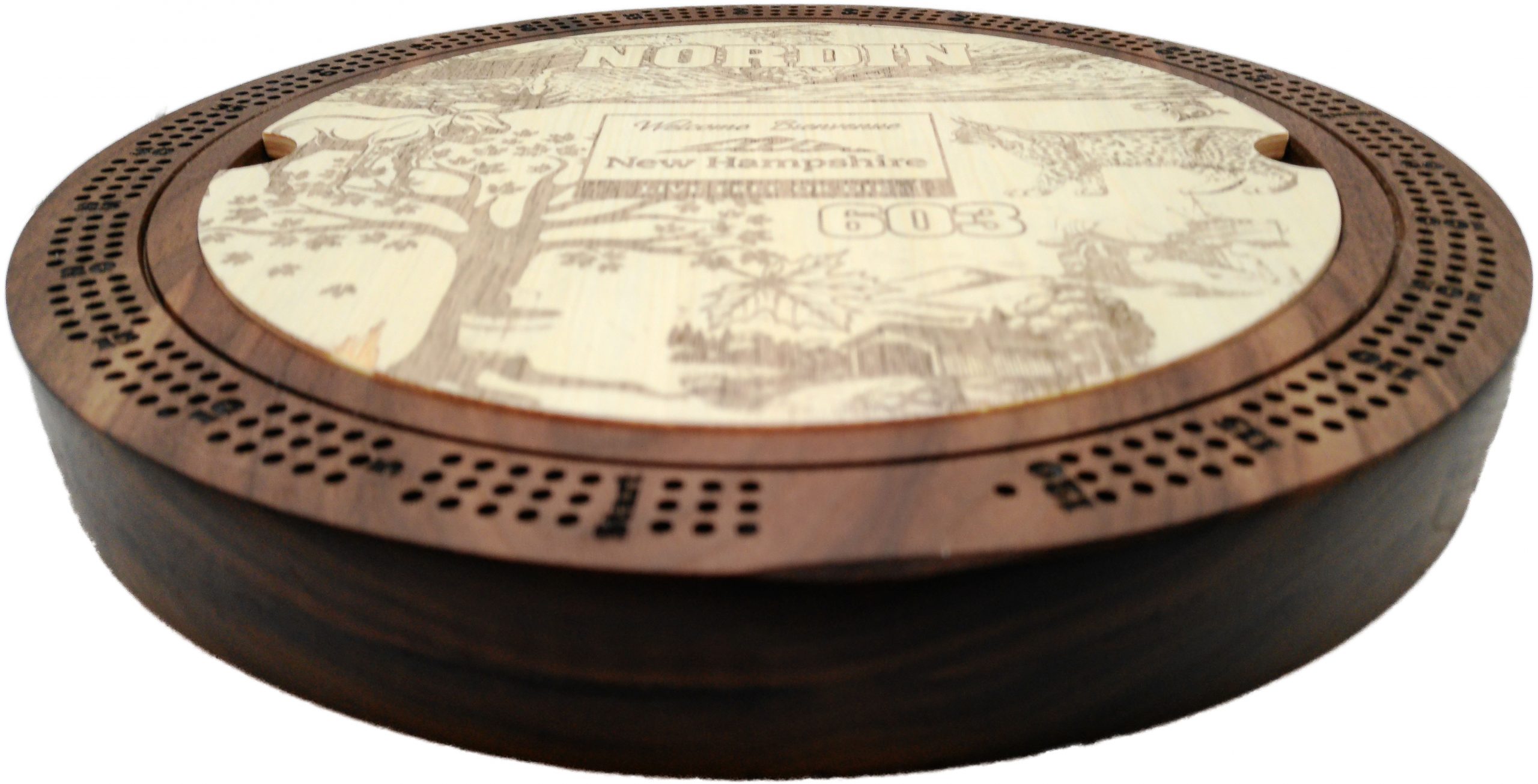 Custom circular hardwood cribbage board with engraved scenic center panel, precision drilled scoring track and handcrafted wooden construction