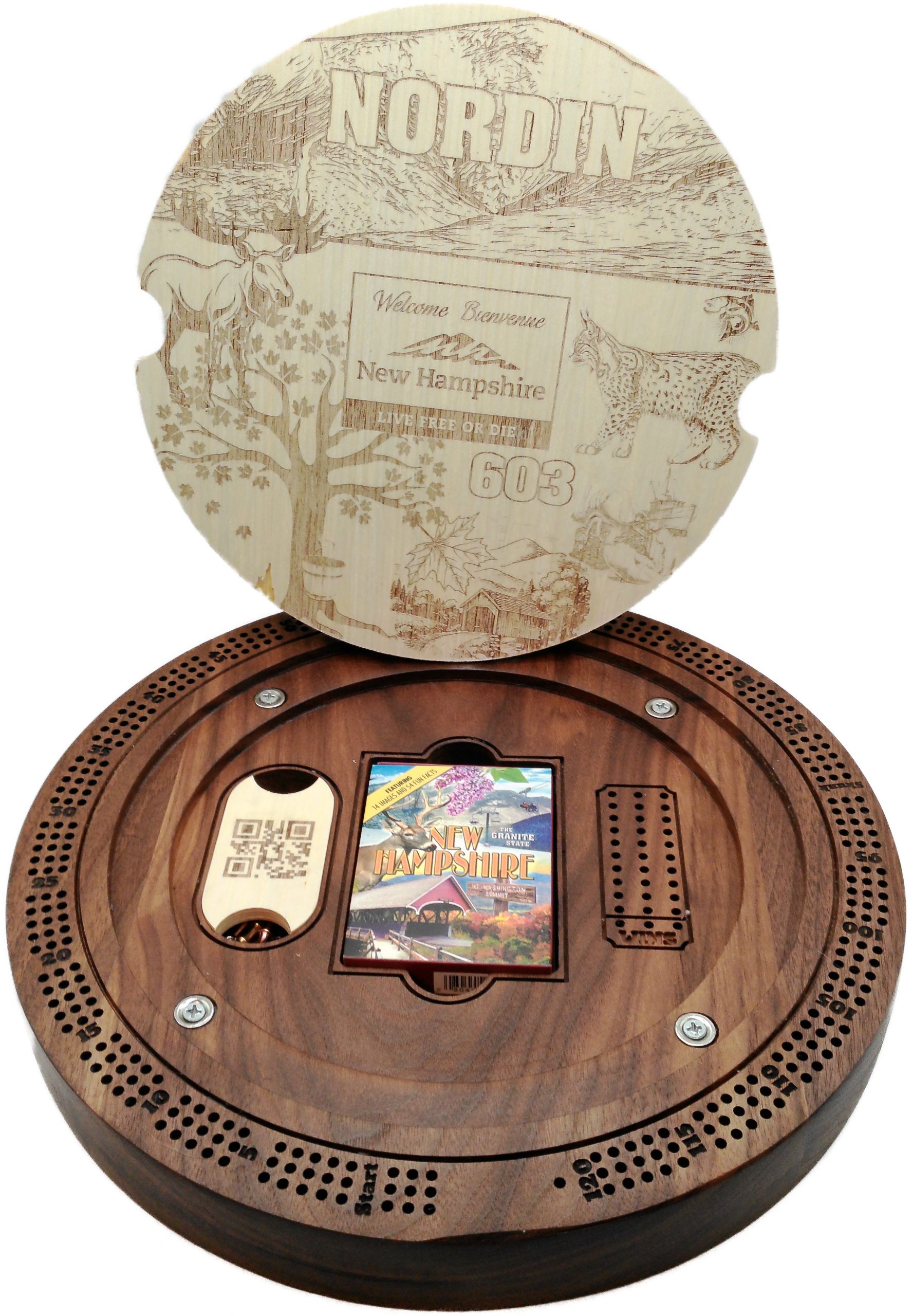 Custom New Hampshire themed round walnut cribbage board with maple lid and coordinated playing cards