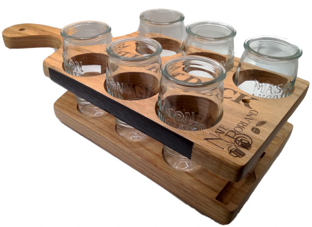 Hardwood FlightDeck beer flight with chalkboard sides and Mason tasting glasses
