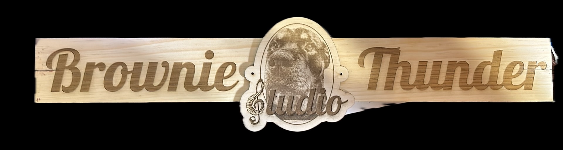 Custom wooden studio sign with engraved dog portrait, layered lettering, and script name details