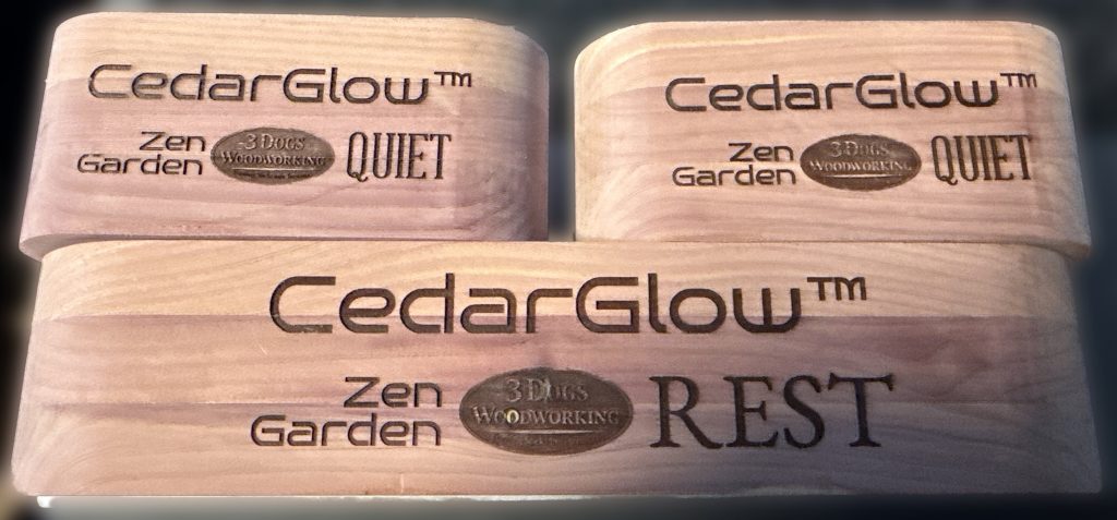 CedarGlow™ Quiet single-chamber Zen garden and CedarGlow™ Rest dual-chamber relaxation garden handcrafted from hardwood with engraved branding