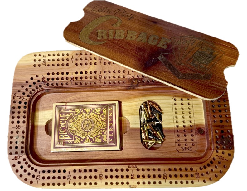 Custom rectangular cedar cribbage board with built-in card and peg storage, engraved hardwood lid and handcrafted scoring track