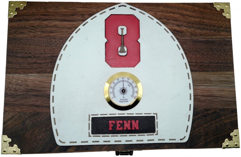 Custom firefighter themed cigar humidor with personalized leather lid, hygrometer and walnut hardwood box handcrafted by 3 Dogs Woodworking