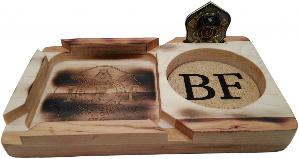 Handcrafted cherry hardwood cigar ashtray with drink holder and challenge coin display featuring laser engraving and hand-charred detailing by 3 Dogs Woodworking