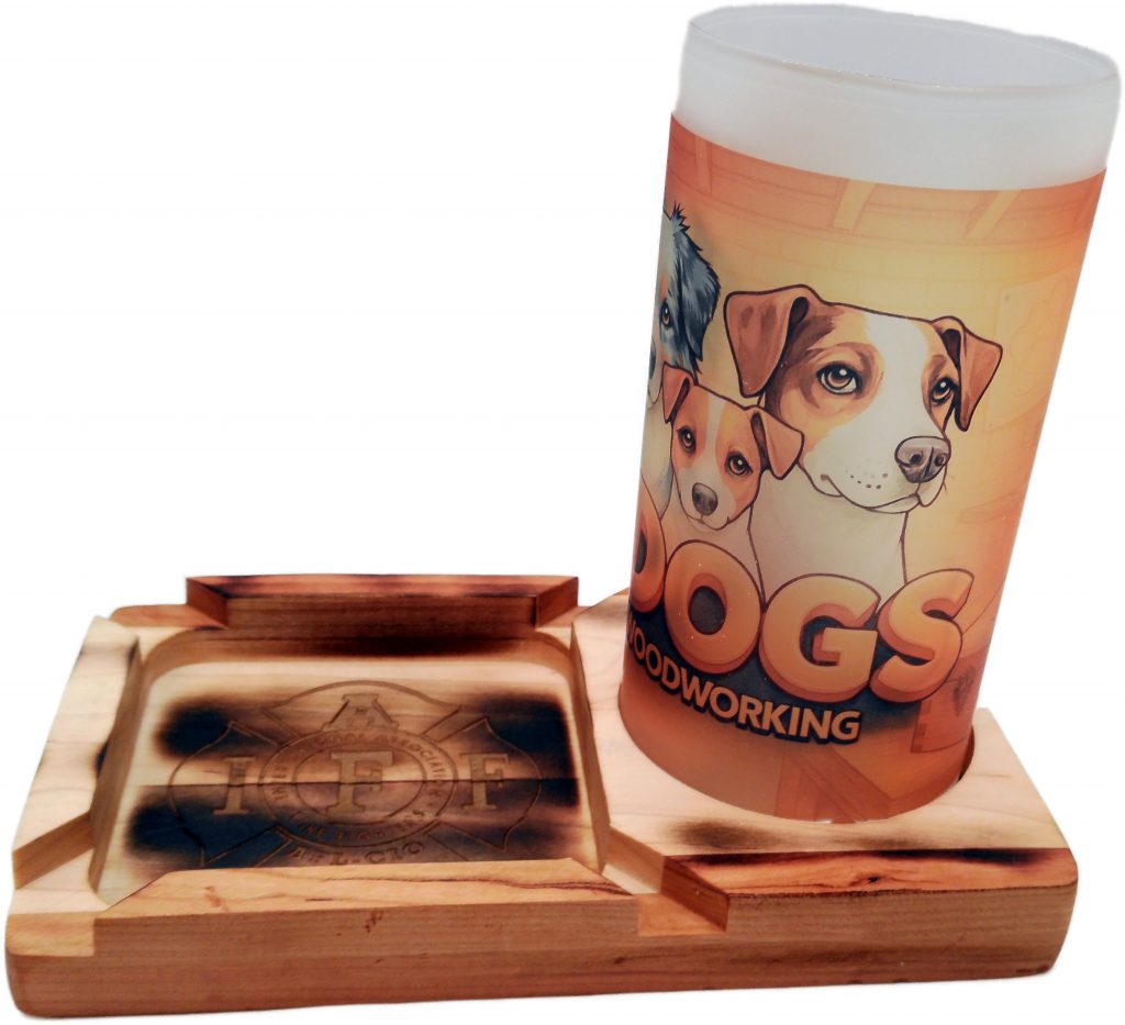 Handcrafted charred hardwood ashtray tray with built-in drink and challenge coin holder