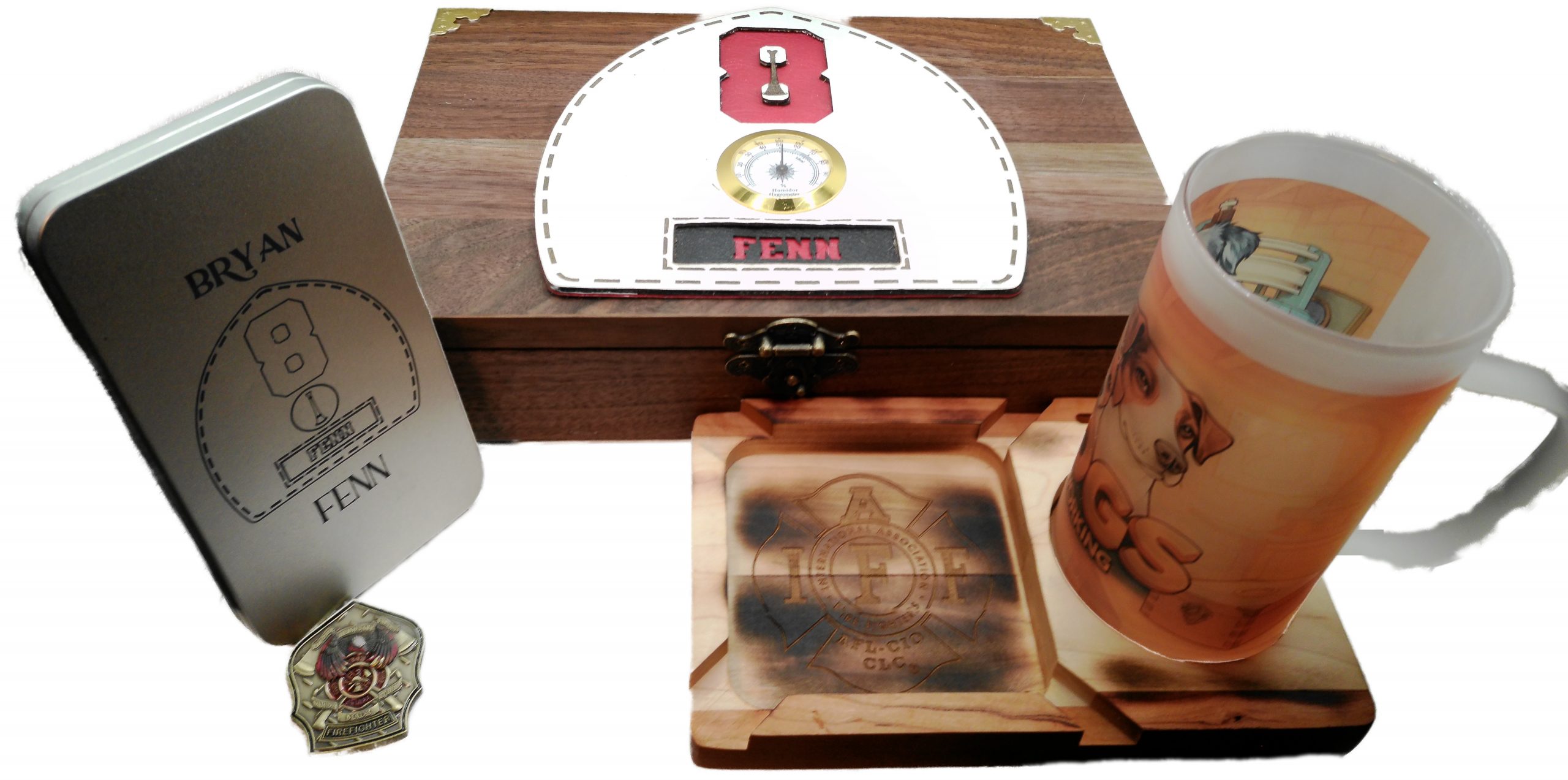 Complete personalized firefighter cigar humidor bundle with hardwood humidor, ashtray, drink holder, and accessories