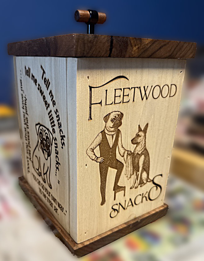 Handcrafted wooden dog treat box with engraved Fleetwood Snacks artwork — functional and whimsical pet gift