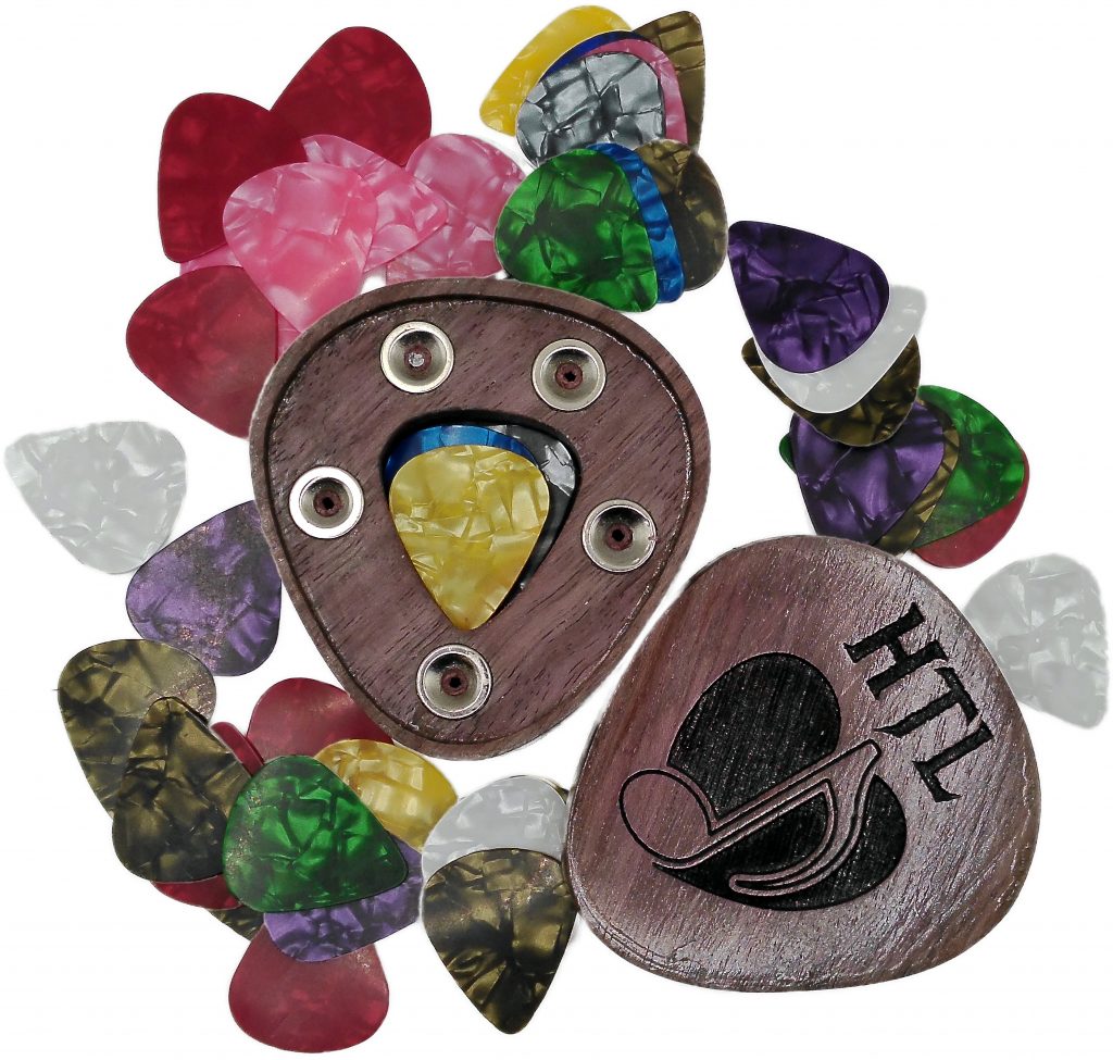 Handcrafted wooden guitar pick holder with magnetic closure and personalized engraving