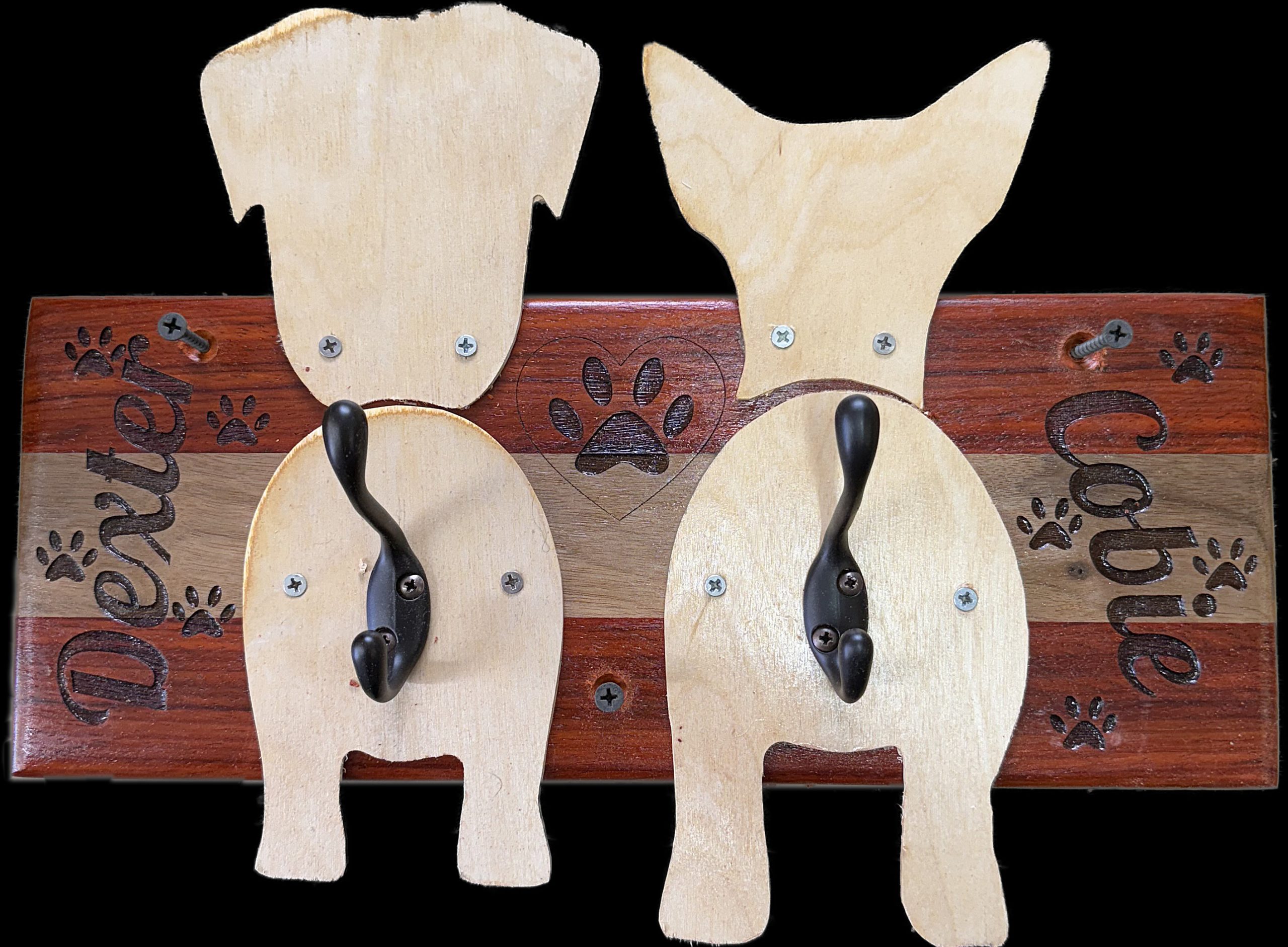 Custom padauk and cherry dog leash holder with basswood silhouettes, engraved names, and functional wall hooks