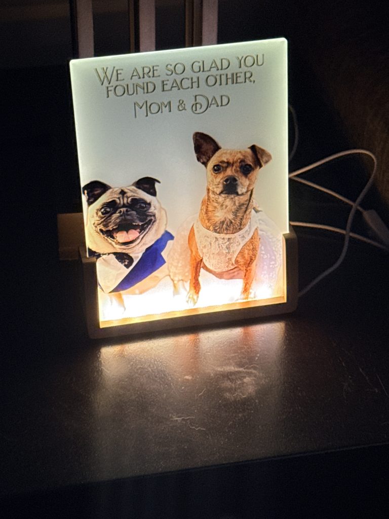 Custom sublimated 6x8 glass LED night light featuring personalized photo design, illuminated decorative keepsake gift.
