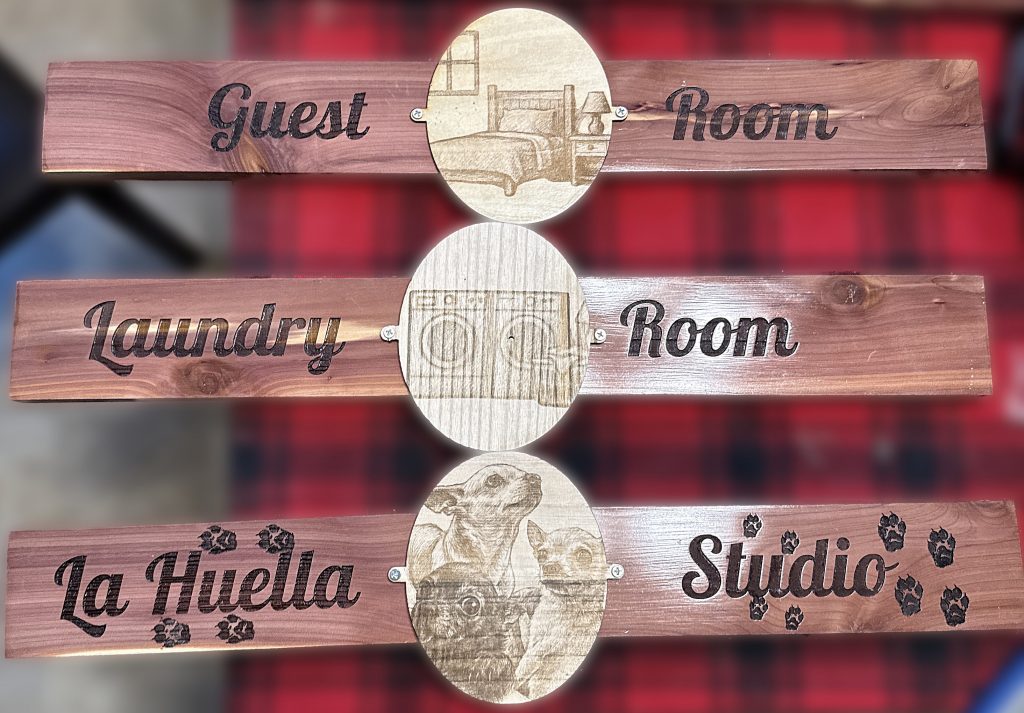 Custom engraved room and display signs in wood and durable modern materials with personalized artwork