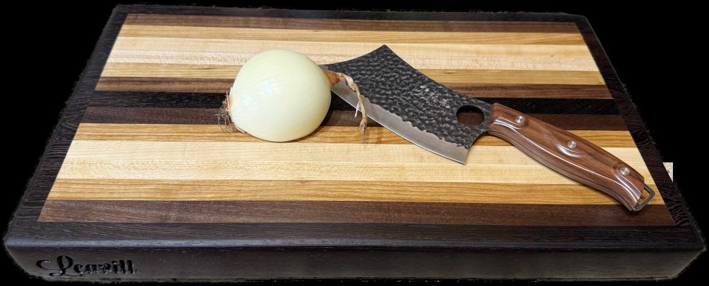 Extra-thick handcrafted hardwood butcher block cutting board with striped exotic hardwood design for serious kitchen prep