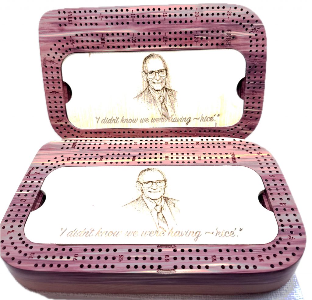 Handcrafted cedar cribbage board set with routed peg holes, engraved playing surface, and hidden magnetic storage for cards and metal pegs