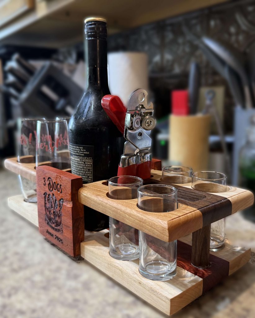 Handcrafted hardwood LibationStation wine tasting flight board with shot glass ports