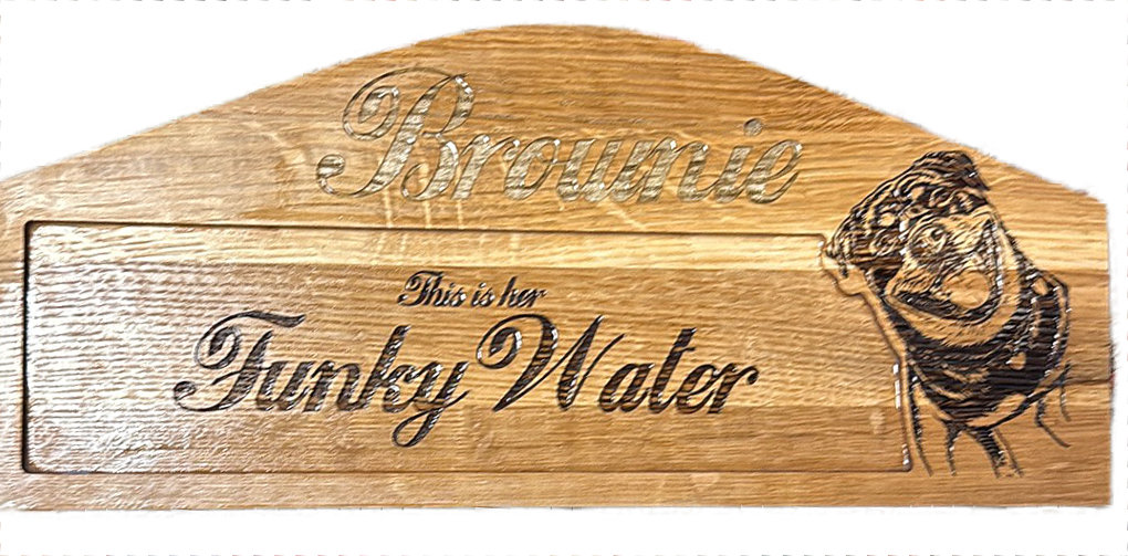 Handcrafted wooden memorial sign honoring Brownie with portrait artwork and personalized lettering