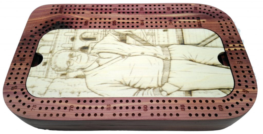 Custom Father's Day cribbage board handcrafted from cedar with laser engraved portrait of Grandpa Ben