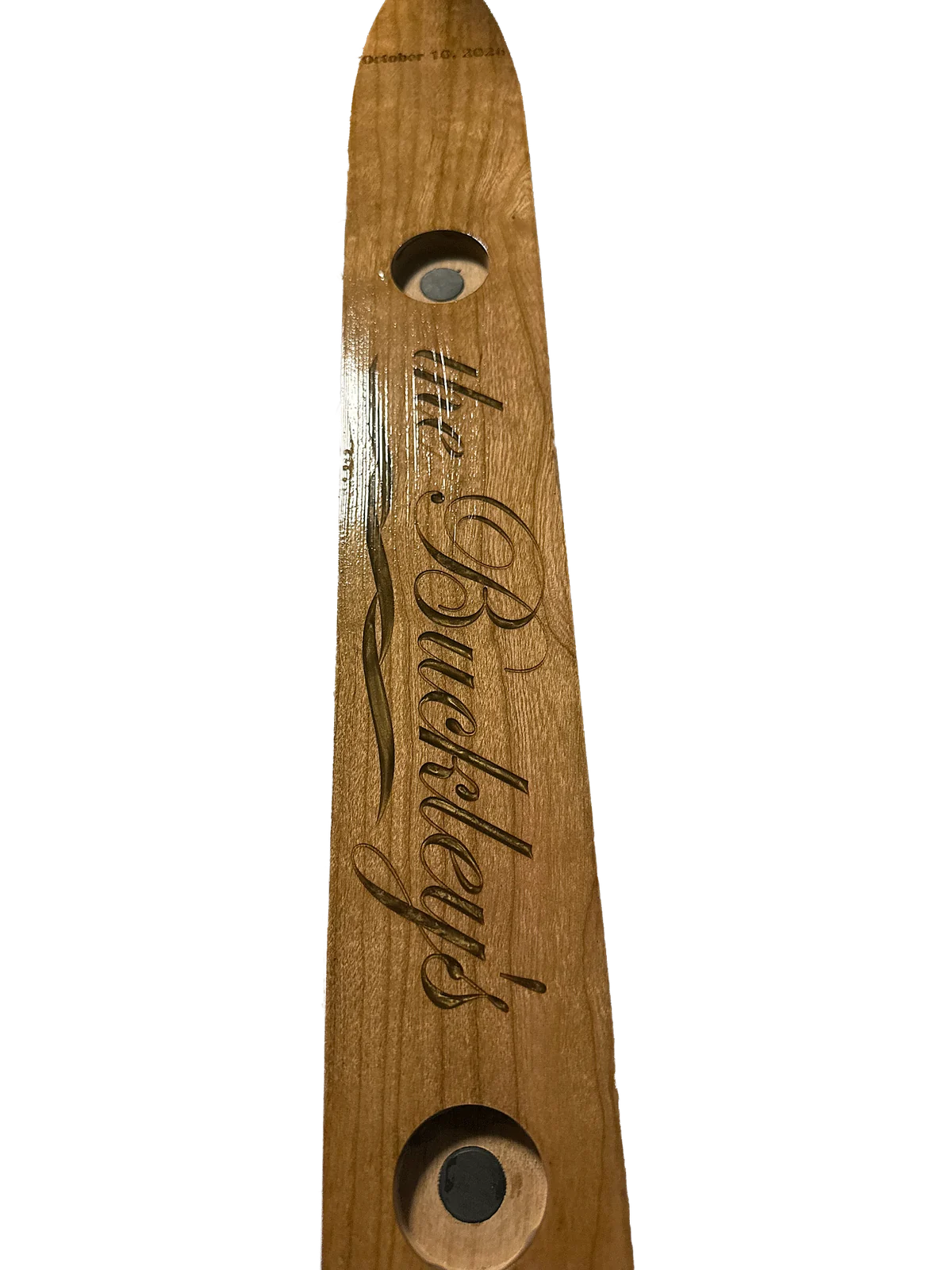 Personalized cherry shotski with the Buckleys' engraved name and two magnetic glass positions