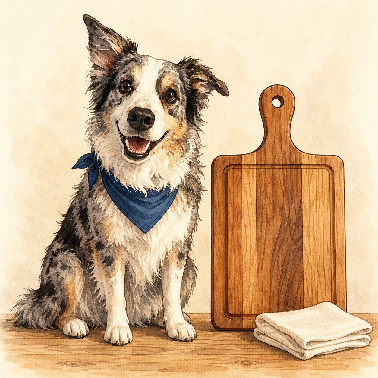 Cartoon of Lokki in his blue bandana beside a wooden board and clean towel.